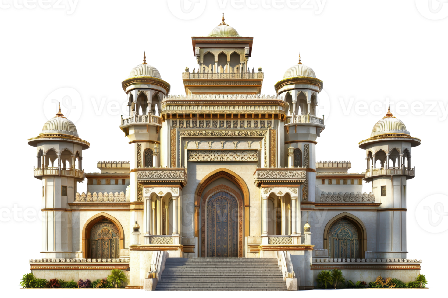 Elegant architectural design of an ancient palace with domes and intricate details, showcasing historical grandeur. png