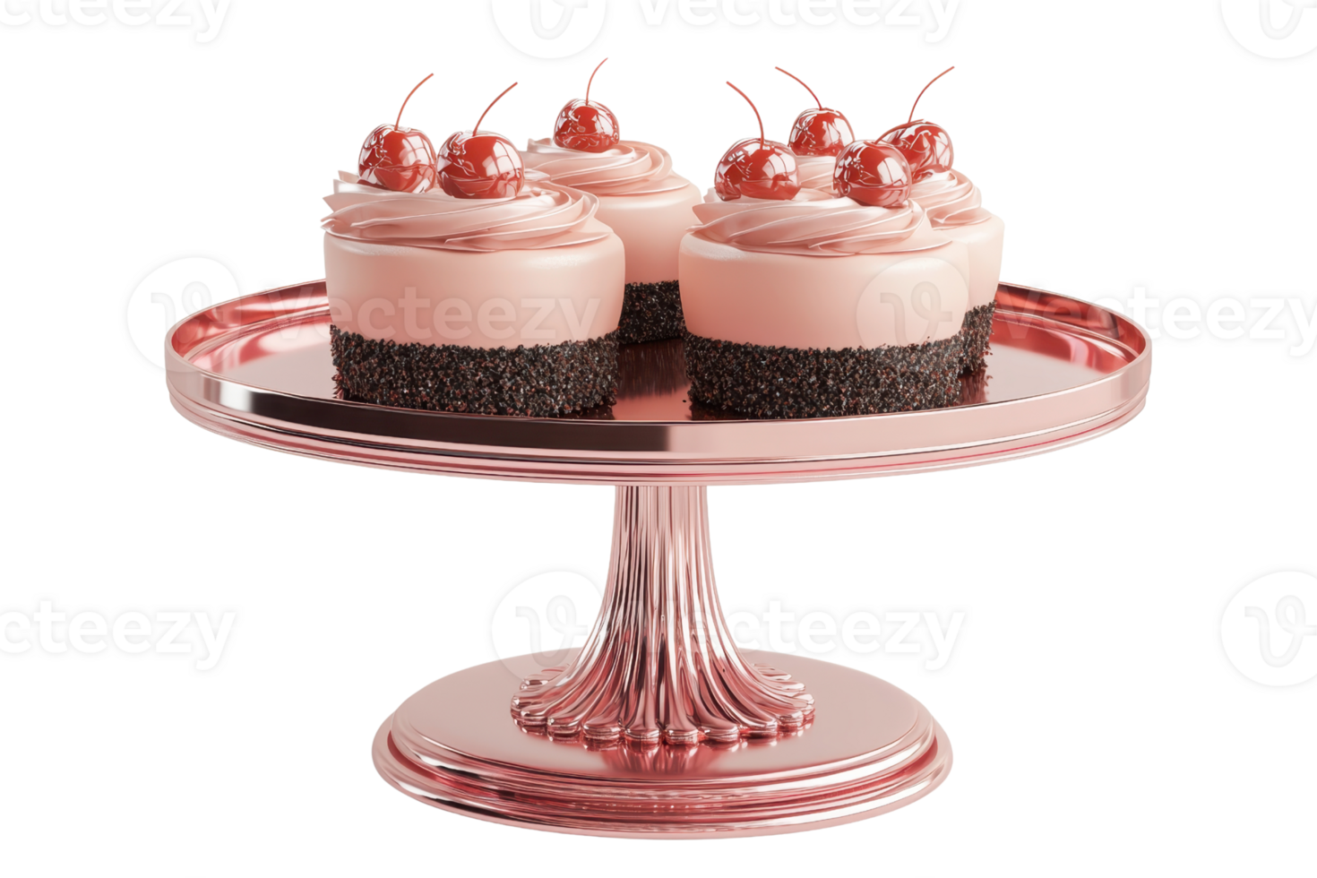 Elegant pink cupcakes topped with cherries on a decorative silver stand, perfect for celebrations and special occasions. png