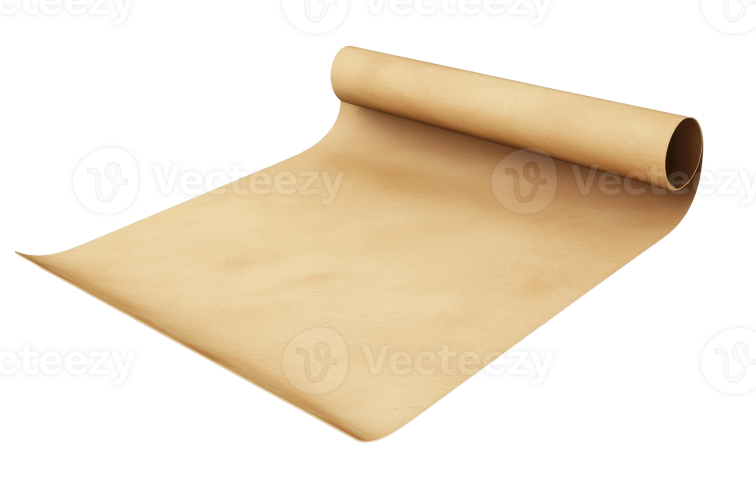 Digital illustration of an ancient parchment scroll, rolled out, isolated on a transparent background. perfect for historical and vintage themes. png