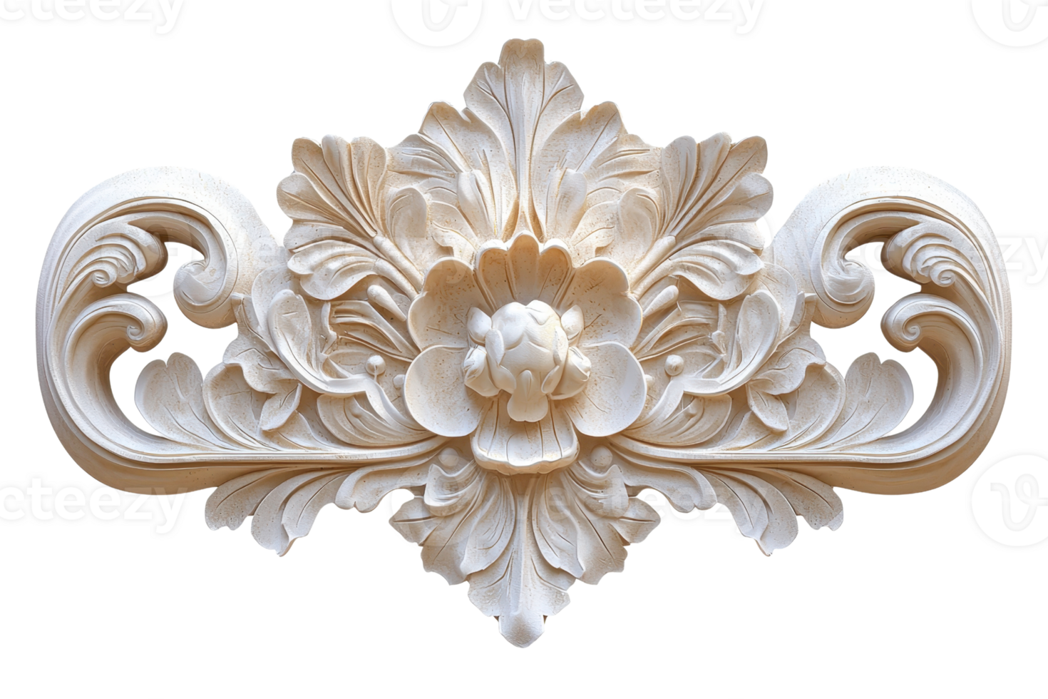 Elegant carved wooden ornament with intricate floral details, perfect for decoration or architectural design elements. png