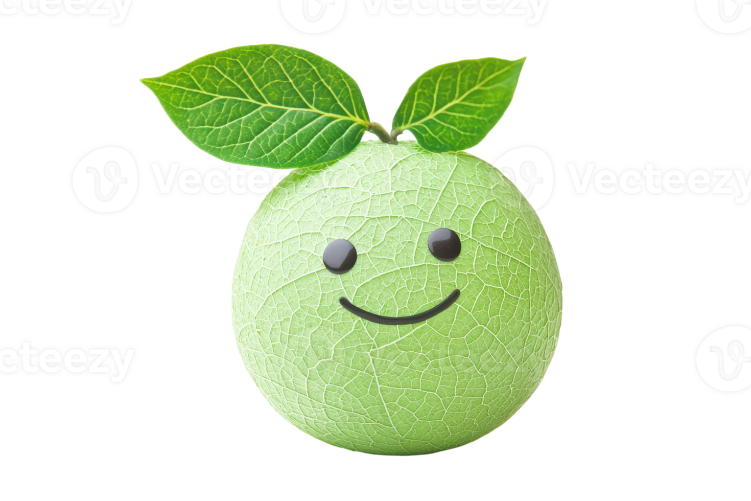Cute green fruit ball with leaves and a smiling face. Creative and whimsical concept isolated on a transparent background. png