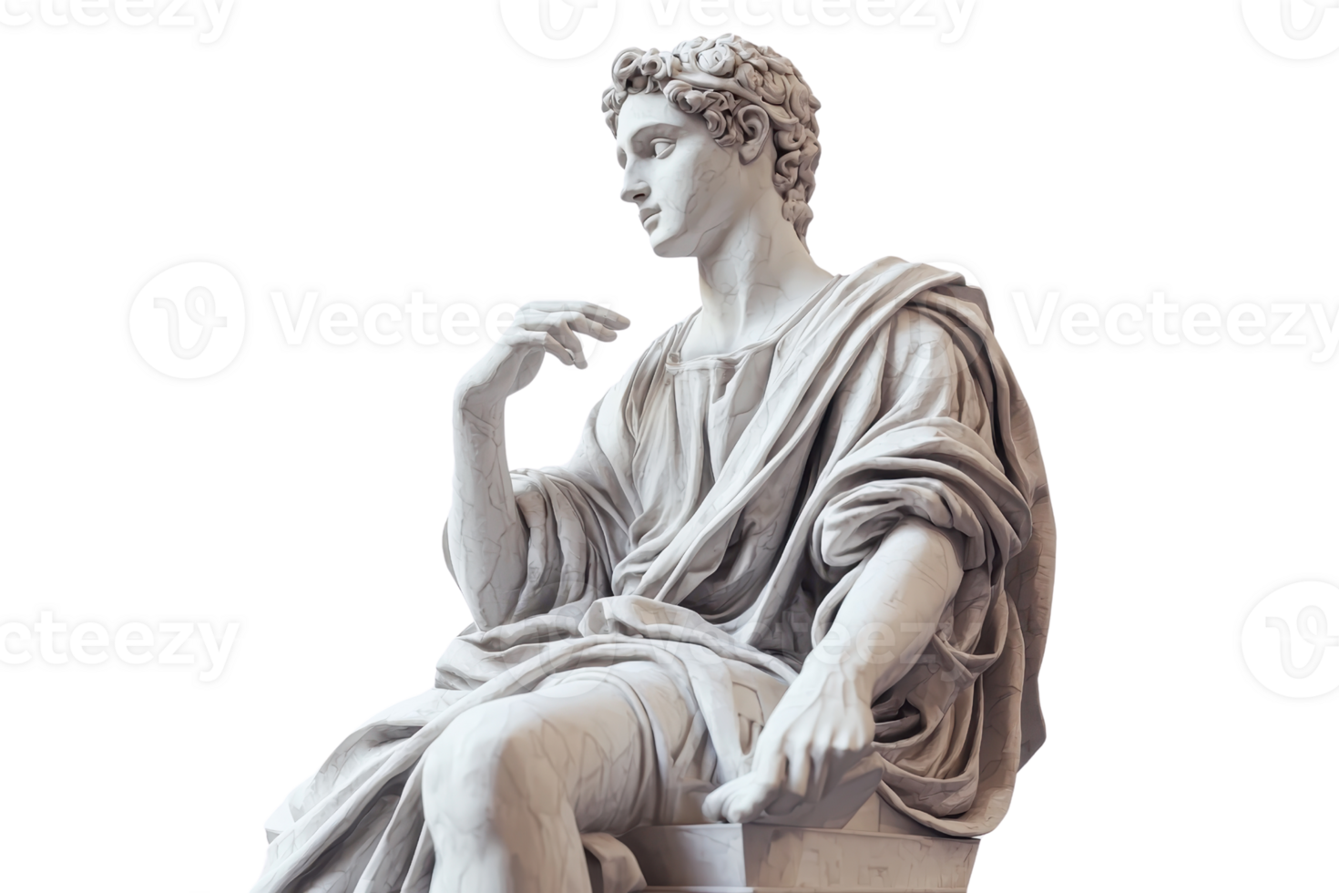 Elegant marble statue of a seated figure in robes, exemplifying classical art and ancient craftsmanship, isolated on a transparent background. png