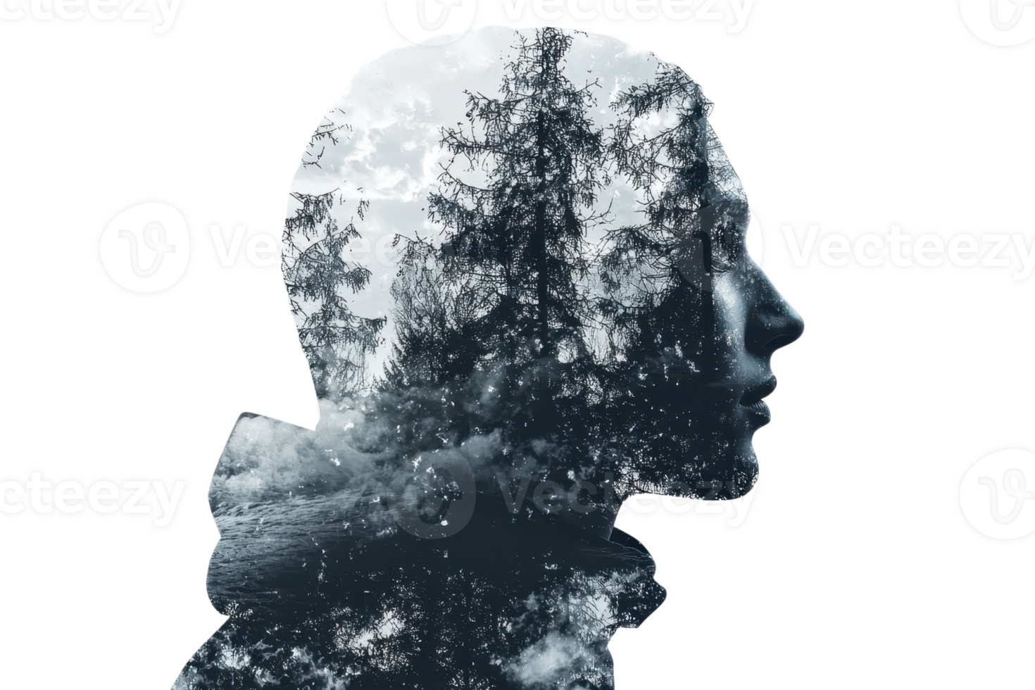Double exposure portrait of a person and trees, symbolizing the connection between humanity and nature, blending human and natural elements. png