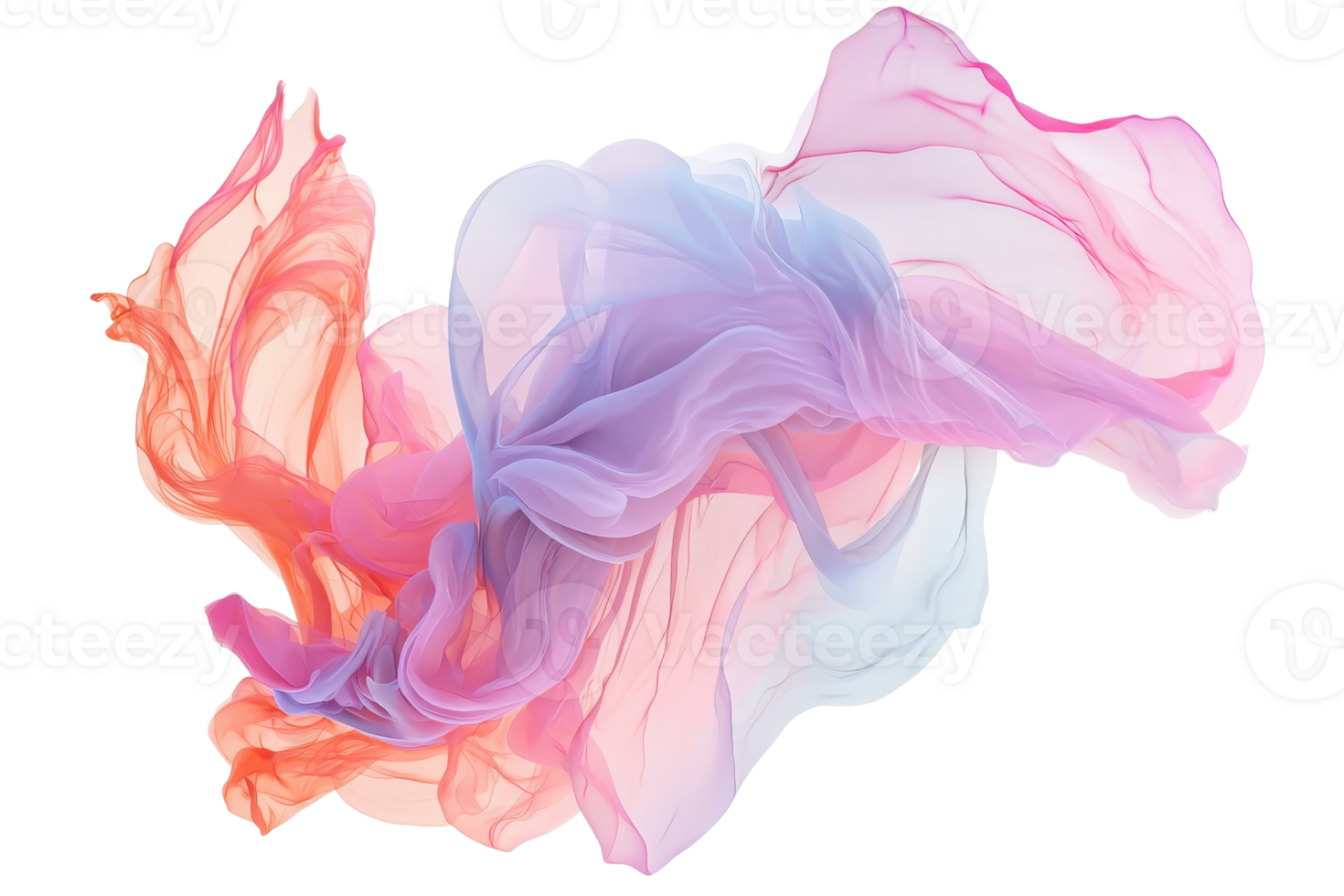 Colorful abstract silky smoke shape with red, pink, purple, and blue tones on a transparent background. creating a dreamy and ethereal effect. png