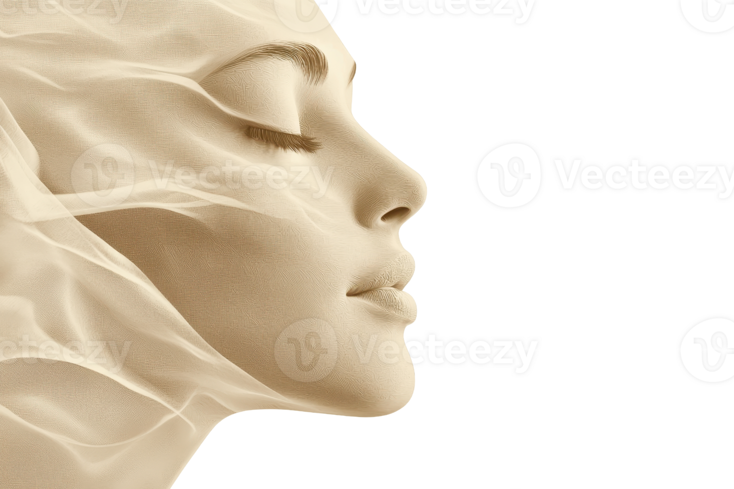 Elegant profile of a woman's face blending with artistic, flowing patterns, evoking calmness and serenity. png