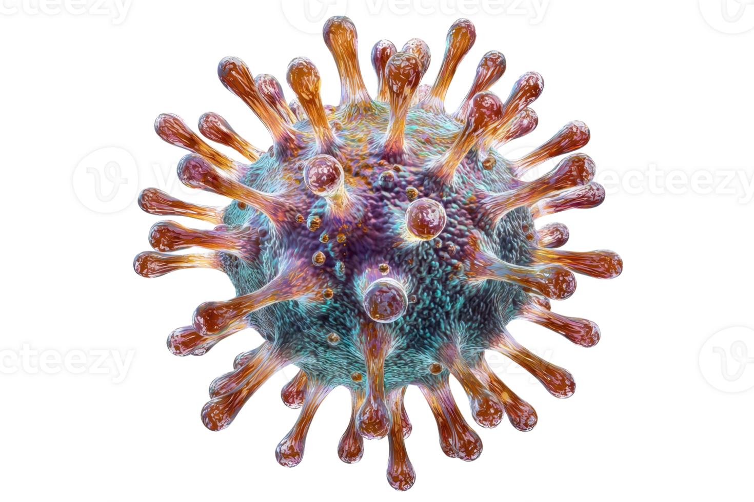 Detailed 3D illustration of a virus particle, showcasing complex spike protein structures with vibrant colors and intricate details. png