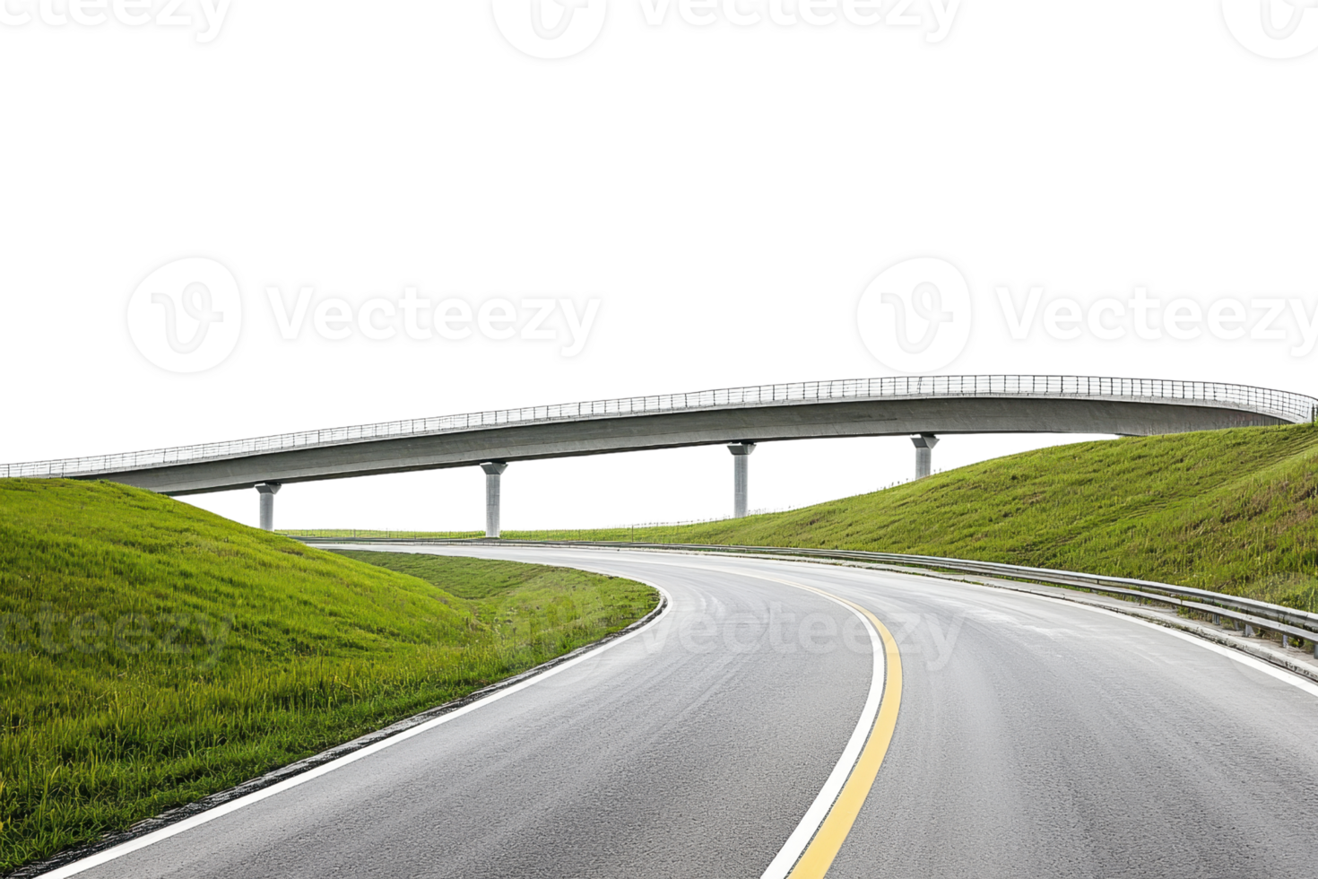 Curved highway on a lush green landscape, leading to an overpass bridge, symbolizing travel, infrastructure, and modern transportation. png