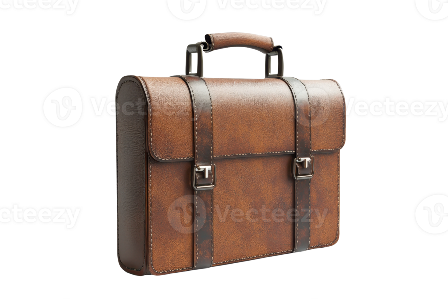 Elegant brown leather briefcase with buckle straps, isolated on transparent background. Ideal for business professionals and office use. png