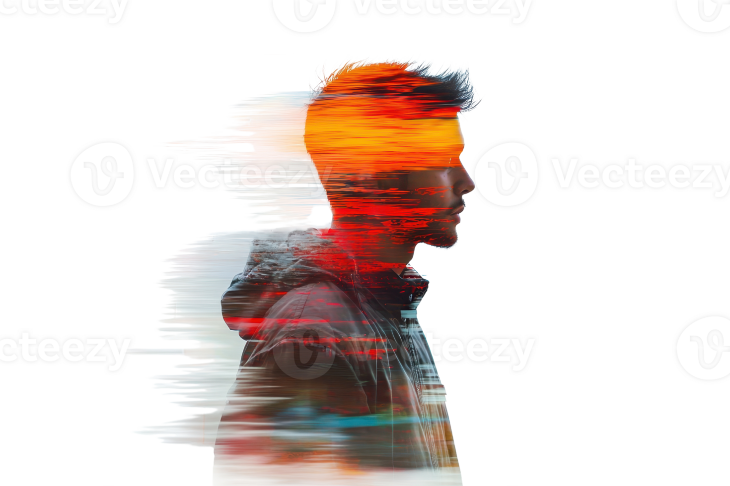 Double exposure of a young man with a sunset, blending nature and human elements, creating a dreamy and creative visual png