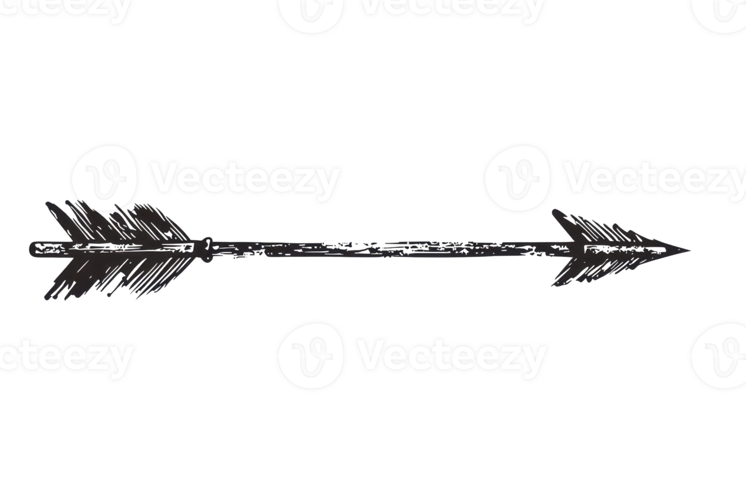 High-resolution image of a hand-drawn black arrow with detailed fletching, pointing right, isolated on a transparent background. perfect for design projects. png