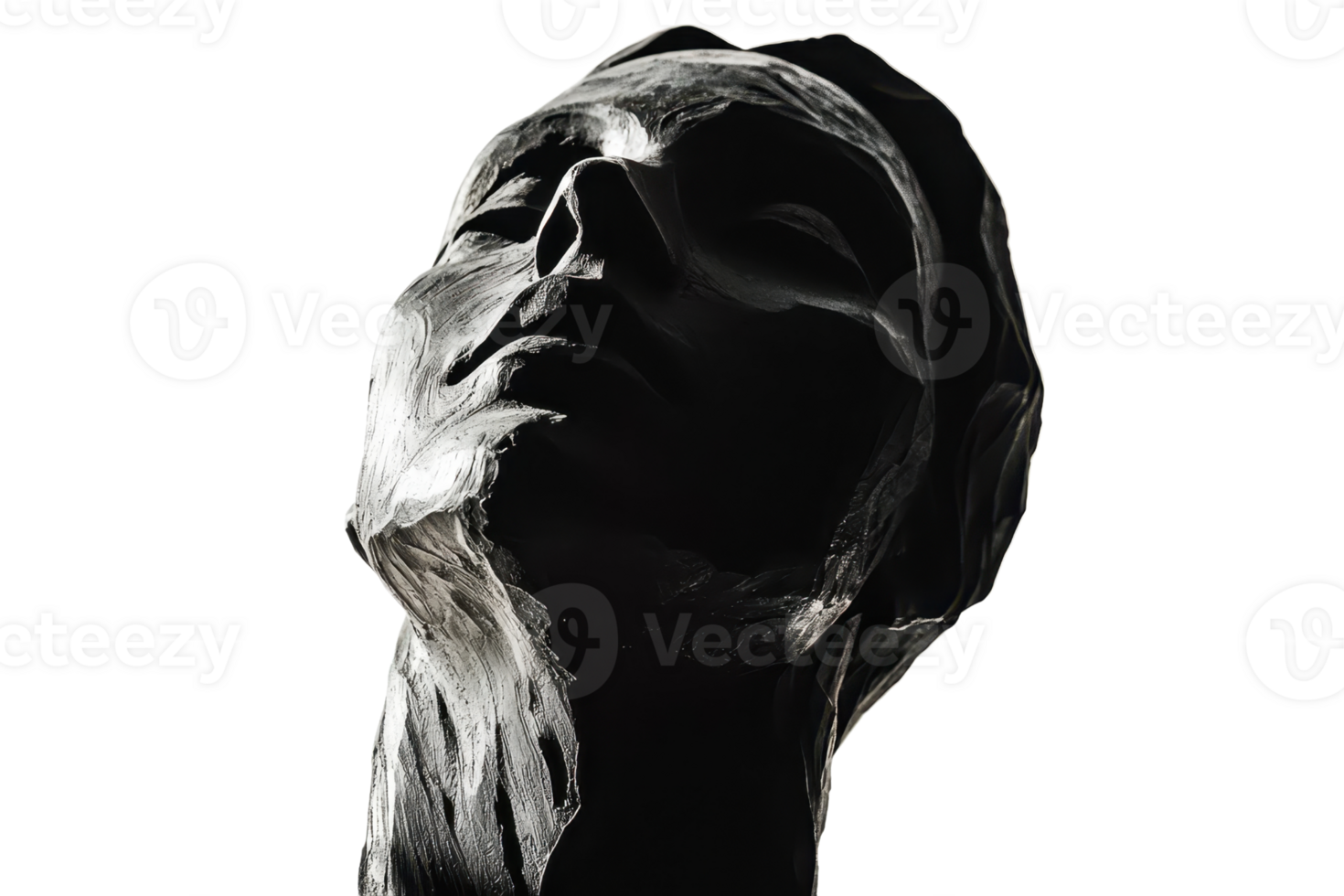 Dynamic black and white sculpture of a human face looking up, casting dramatic shadows. Artistic representation of serenity and strength. png