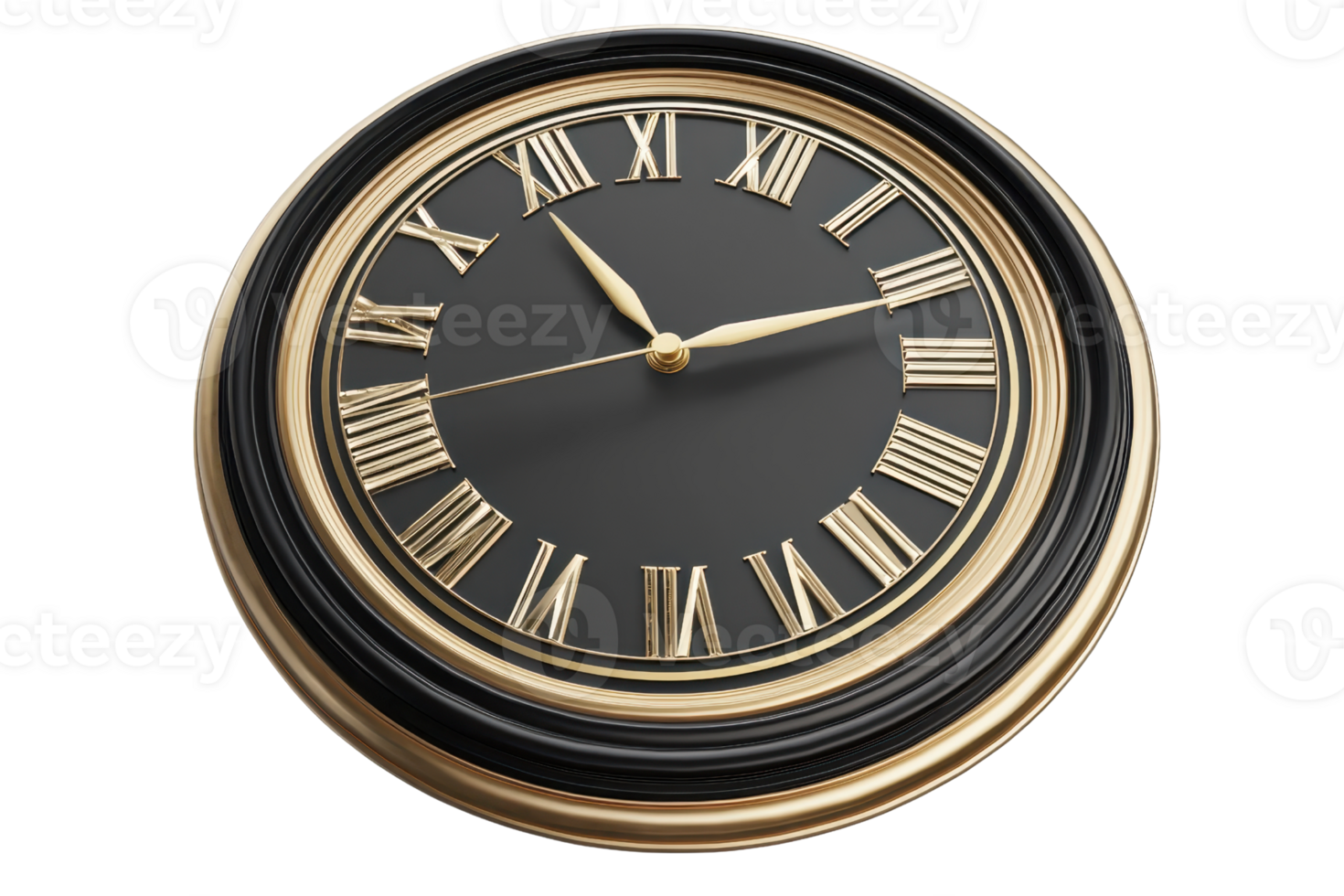 Elegant black and gold wall clock with Roman numerals, showcasing timeless design and vintage appeal. Perfect for home or office decor. png