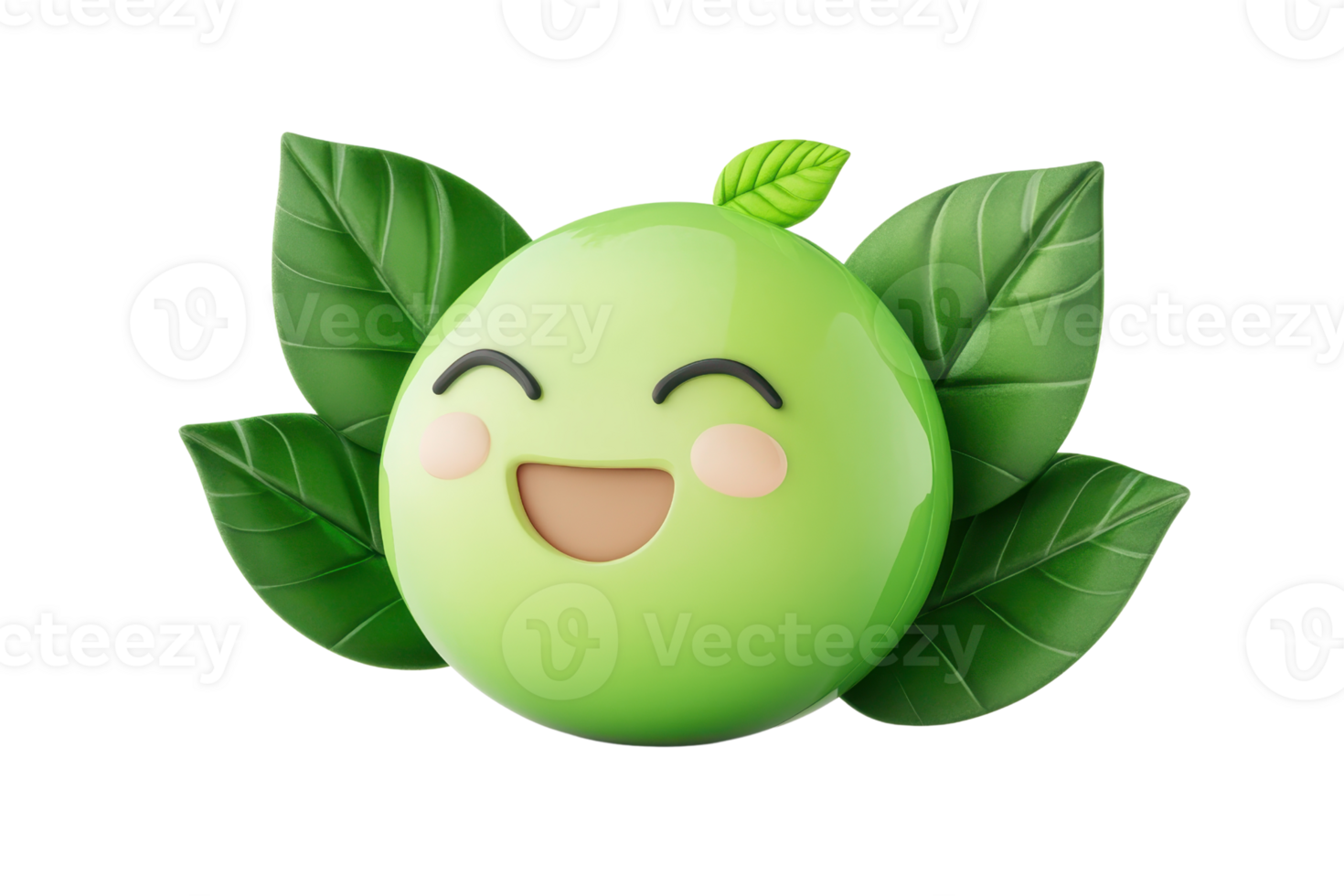 Cute green emoticon with smiling face, surrounded by green leaves. Perfect for eco-friendly and nature-themed design projects. png