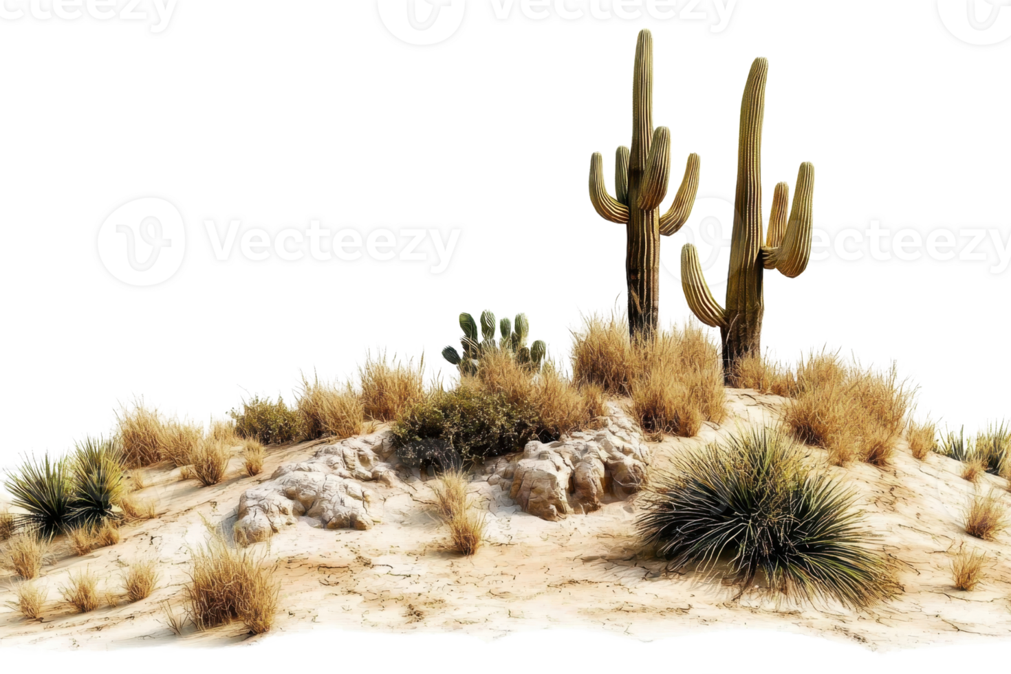 Desert landscape with tall cacti and succulents in sandy terrain, showcasing the rugged beauty of arid environments. png