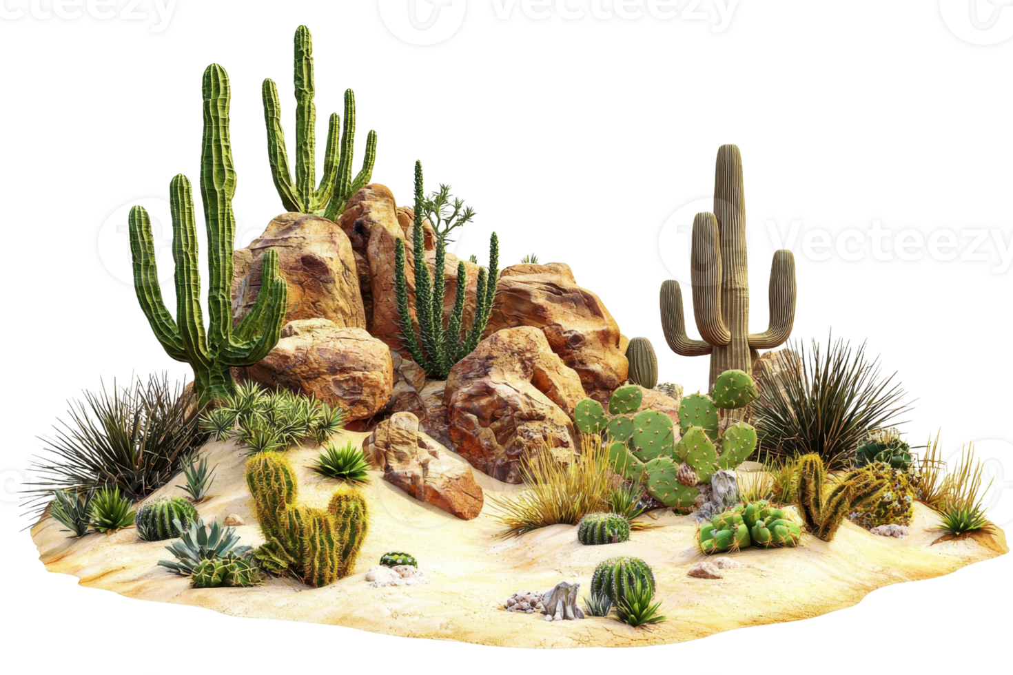 Desert landscape with various cacti and rocks, showcasing the arid beauty and unique vegetation of a desert ecosystem. png