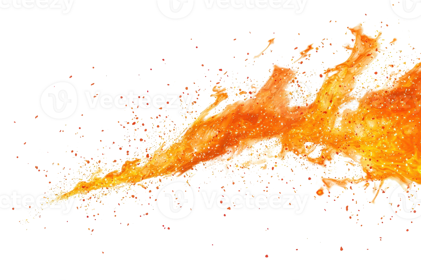 Dynamic burst of orange flames with sparks on a transparent background. capturing intense energy and vibrant movement. png