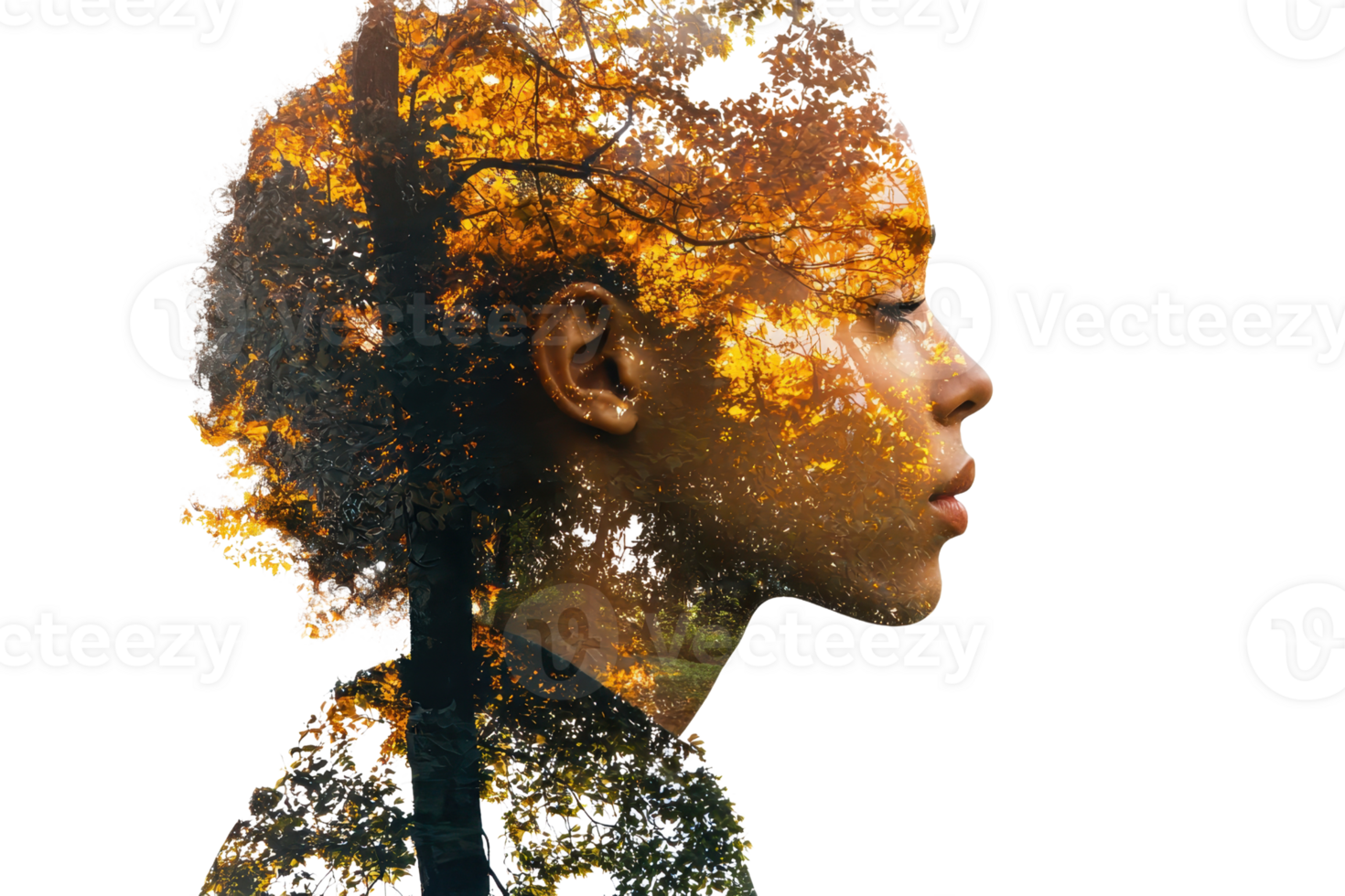 Double exposure portrait of a thoughtful woman with autumn trees superimposed, blending nature and human elements artistically. png