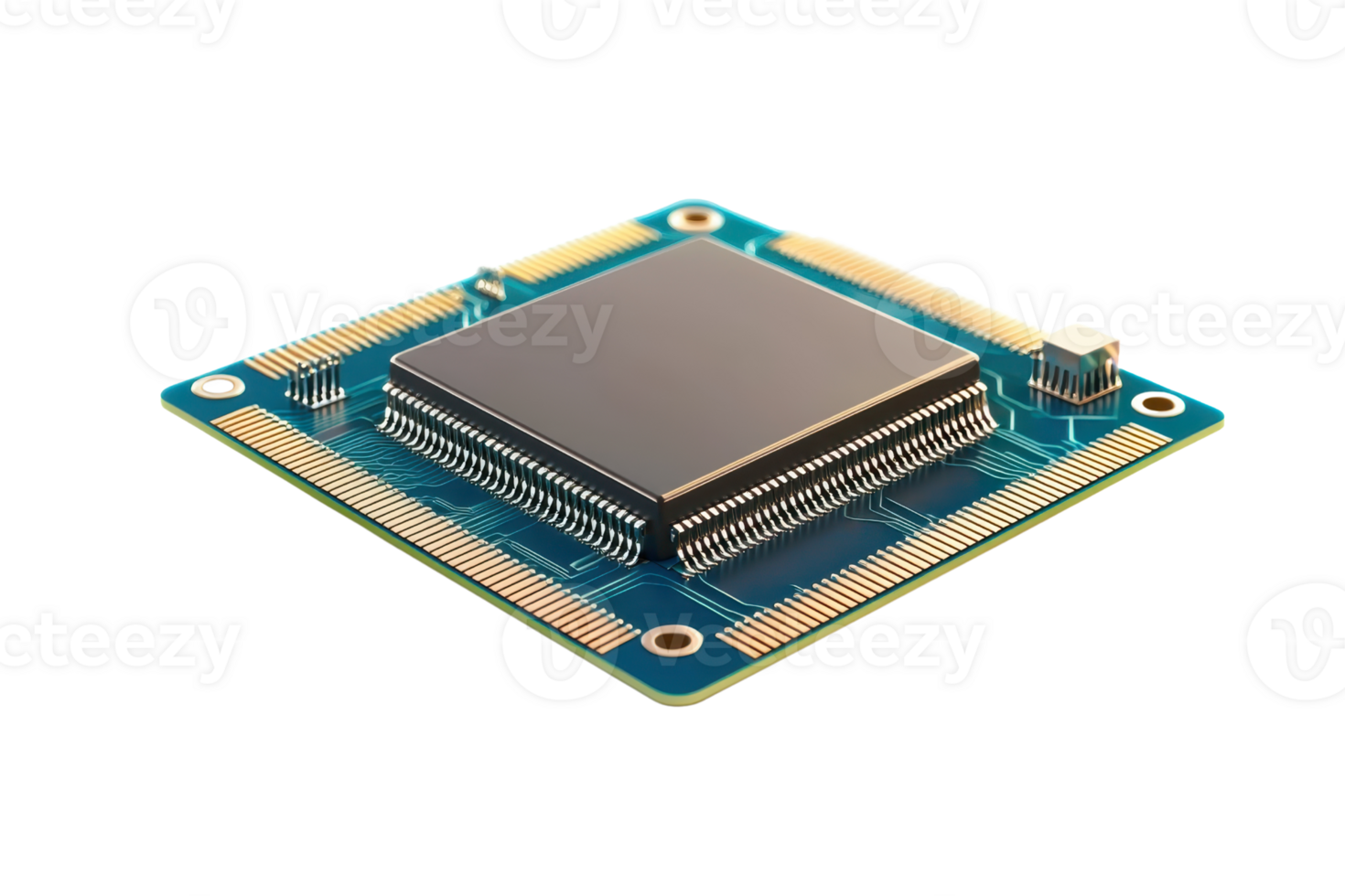 High-resolution close-up of a microchip, showcasing intricate electronic components on a printed circuit board. png