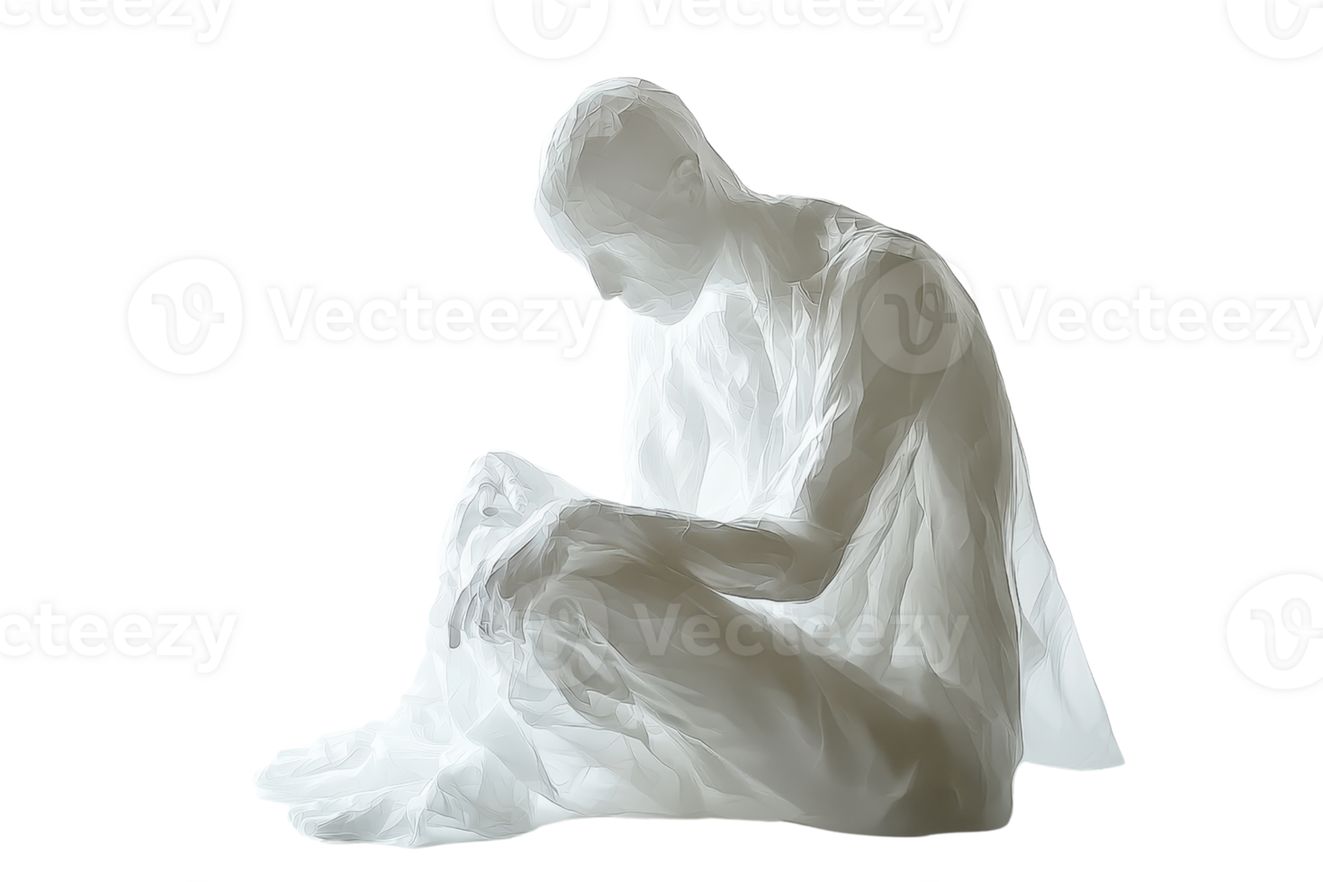 Ethereal white statue of a seated figure in a thoughtful pose, isolated on a transparent background. evoking a sense of tranquility and contemplation. png