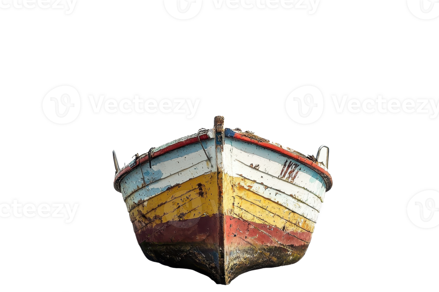 Front view of an old, colorful wooden boat isolated on a transparent background. showing weathered paint and wear. png
