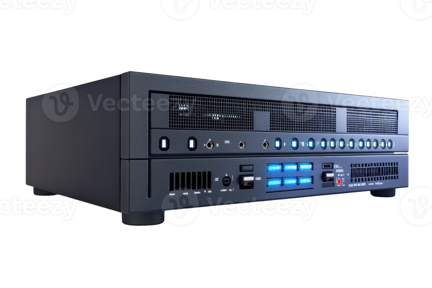 High-performance server with multiple connections and blue indicator lights. Perfect for tech, data storage, and network setups. png