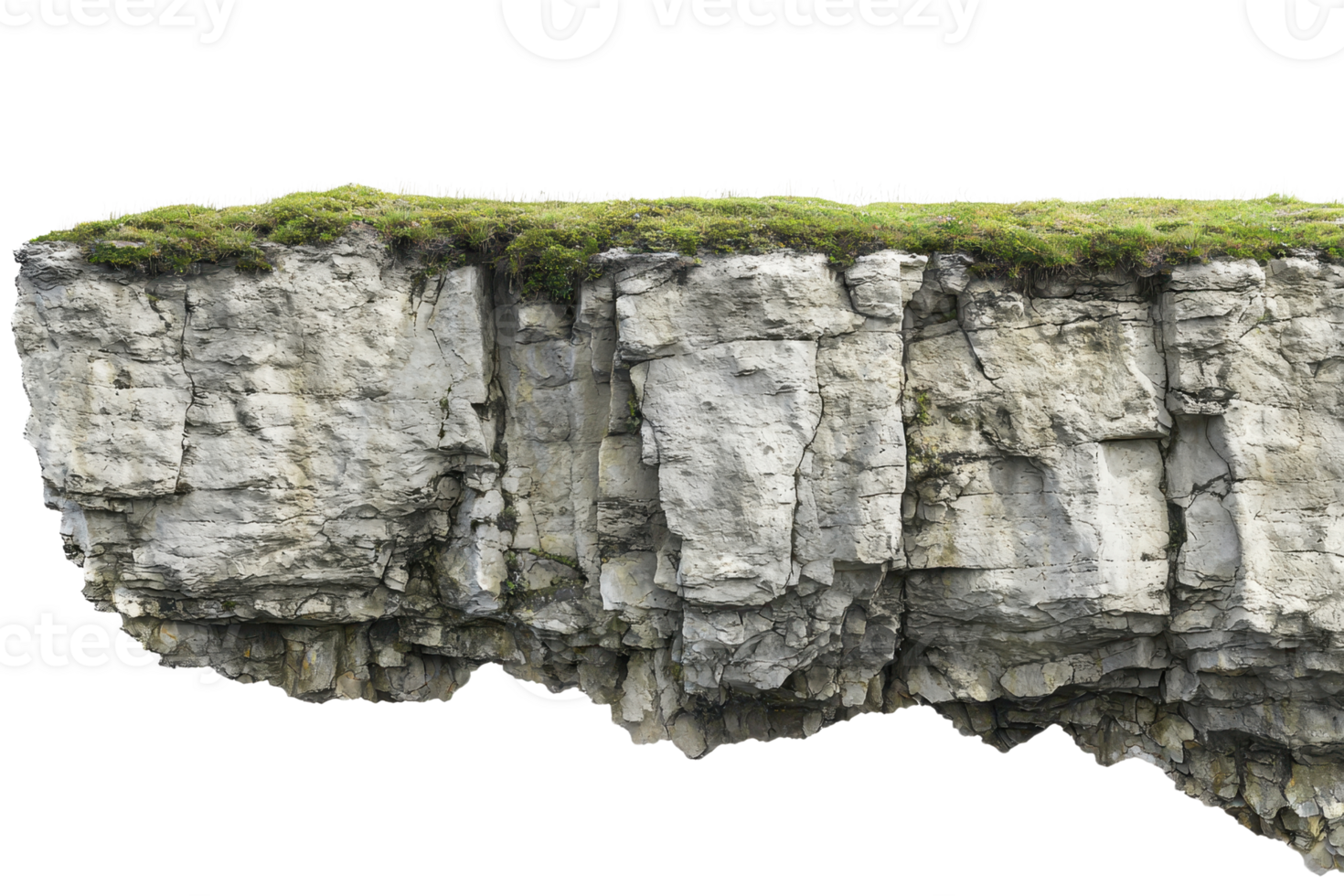 Isolated rock cliff with green vegetation on top, perfect for nature and landscape use in design projects or backgrounds. png