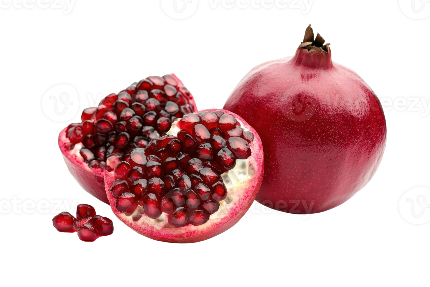 Fresh whole pomegranate and a halved pomegranate with juicy, red seeds on a transparent background. Perfect for health and food-related concepts. png