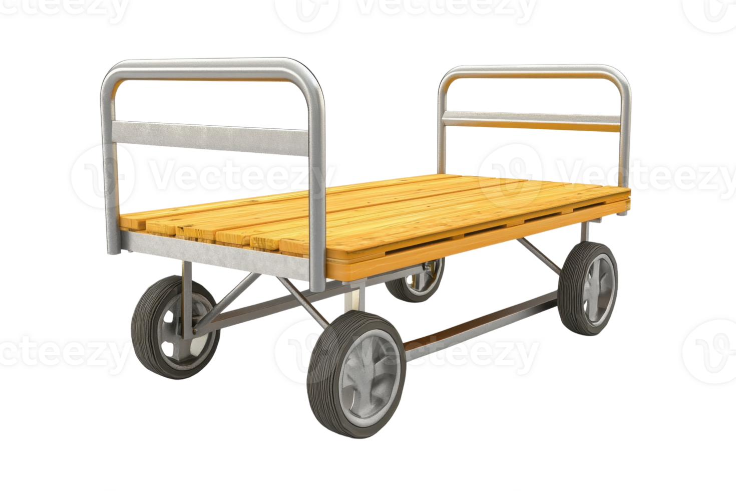 Industrial wooden cart with metal frame and four wheels, ideal for transporting goods in warehouses, factories, and storage facilities. png