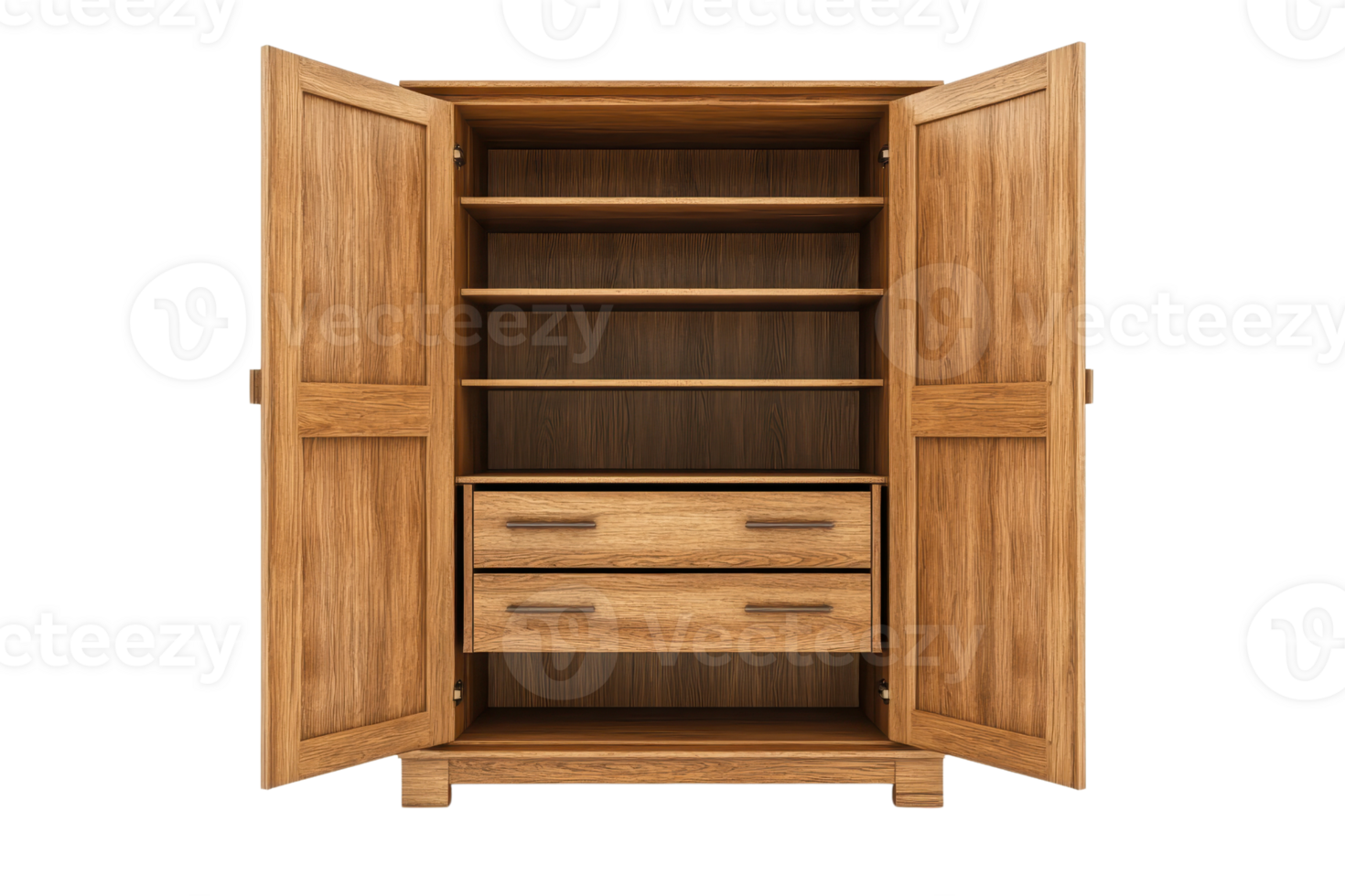 Empty wooden wardrobe with open doors showcasing interior with shelves and drawers, ready for use in a home or office setting. png