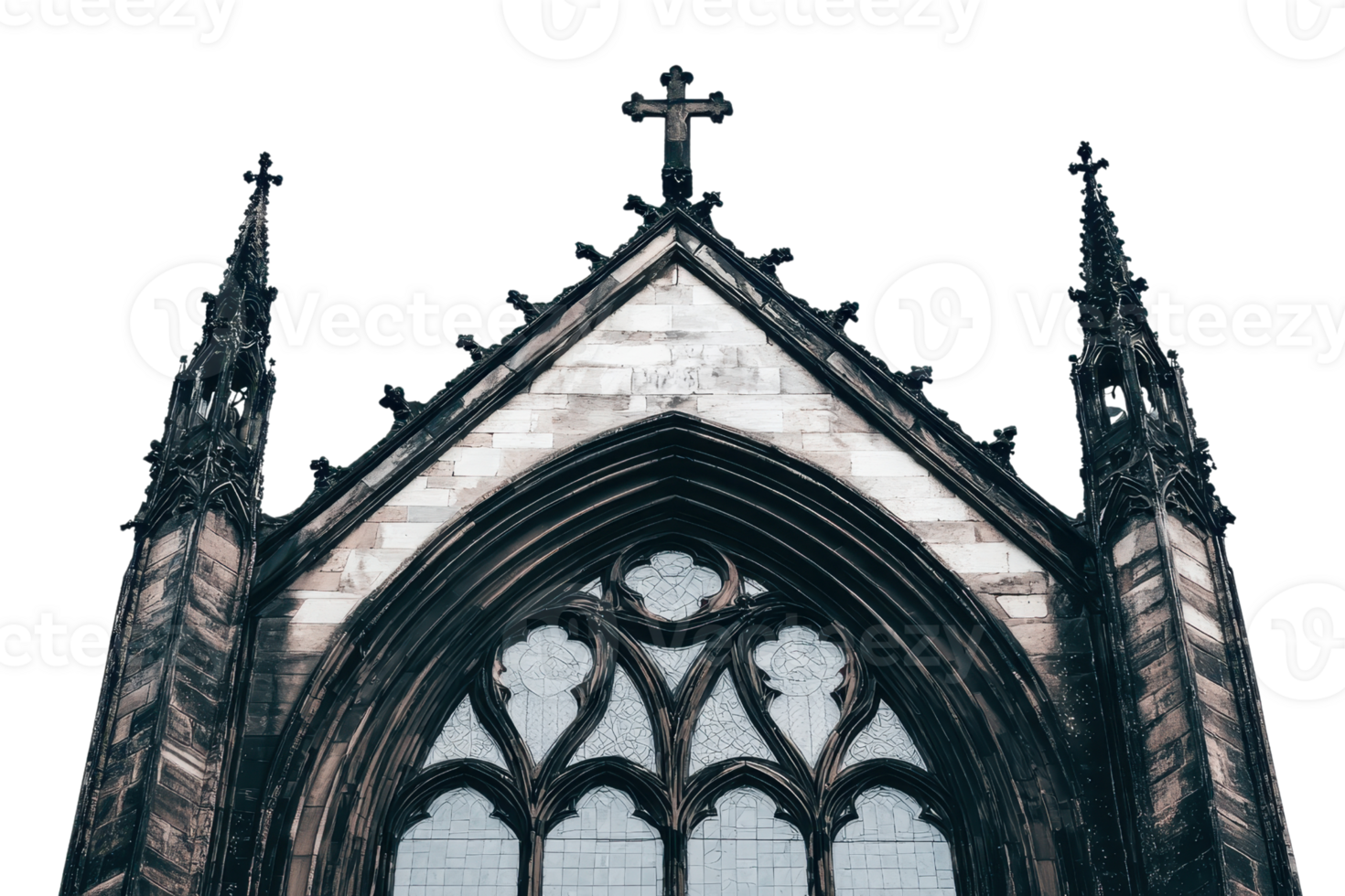 Gothic architecture of a historic church with ornate details and stained glass windows, showcasing intricate craftsmanship and religious symbolism. png