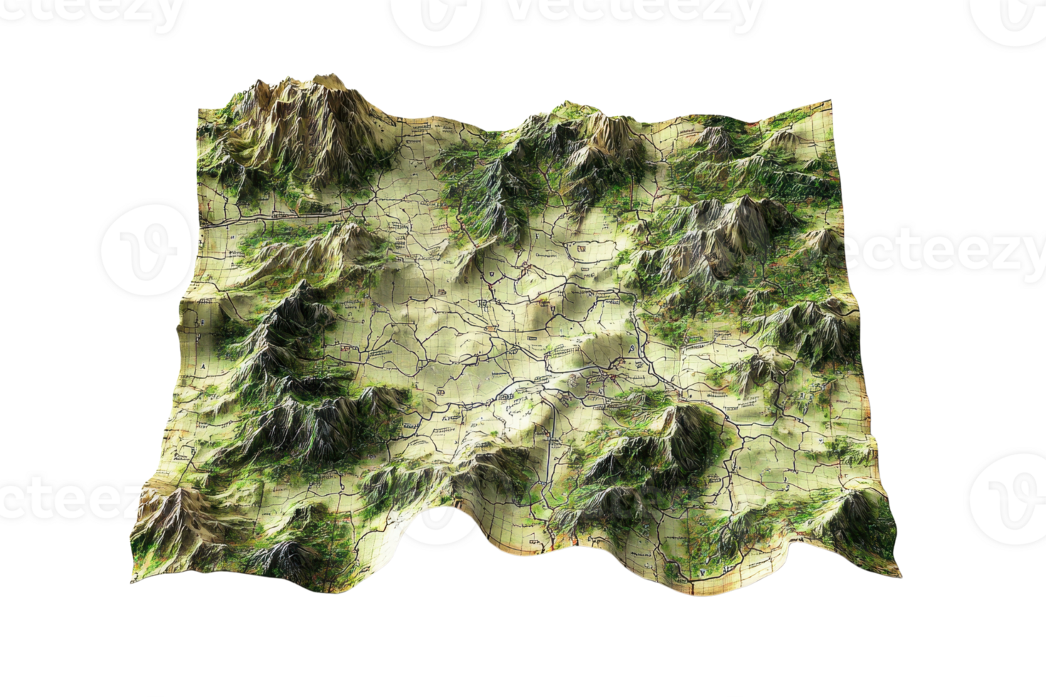Intricate 3D relief map illustrating mountain terrain with detailed topography, perfect for geography and adventure concepts. png