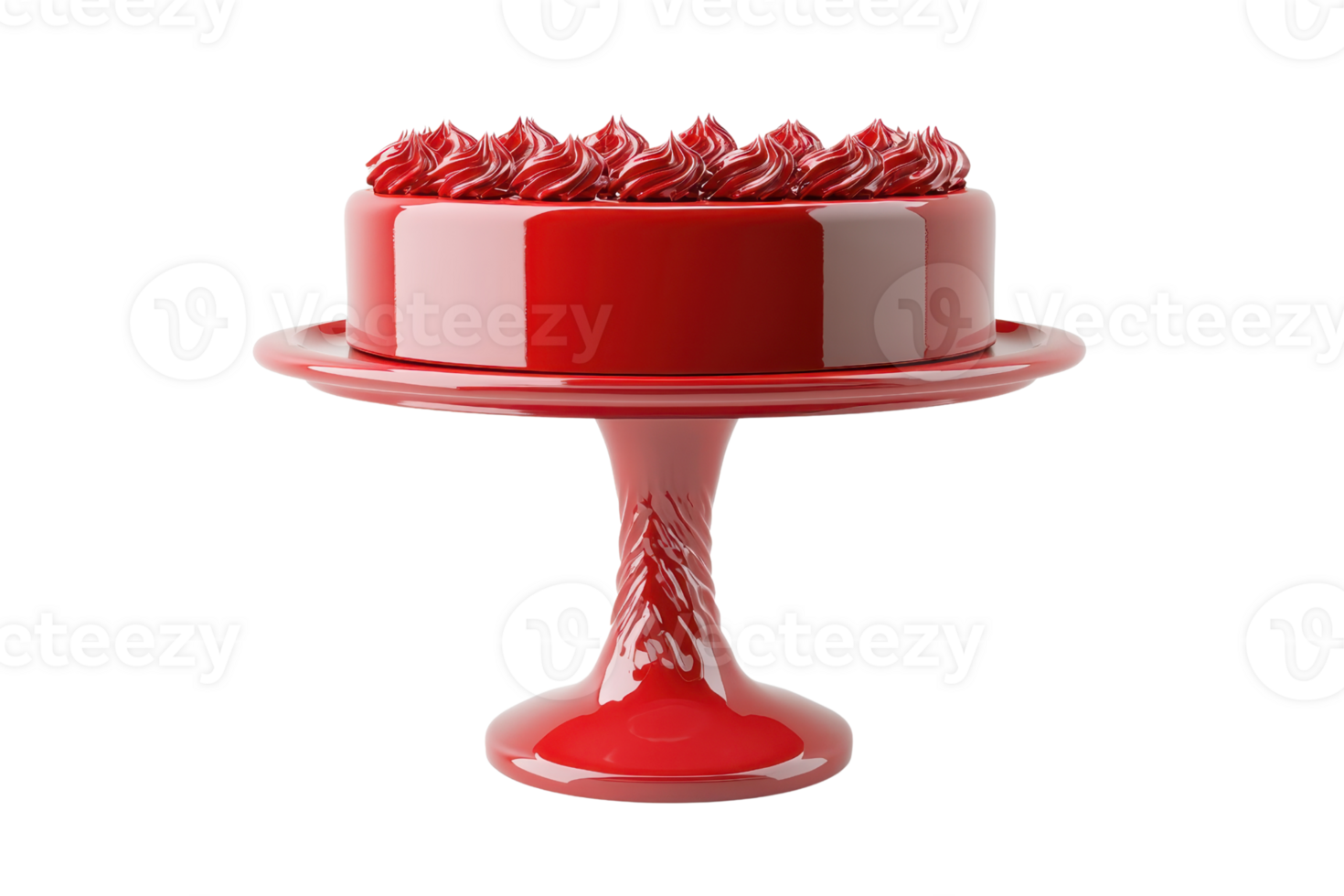 Red cake displayed on a stand with a glossy finish, topped with intricate swirls of red frosting, isolated on transparent background. png