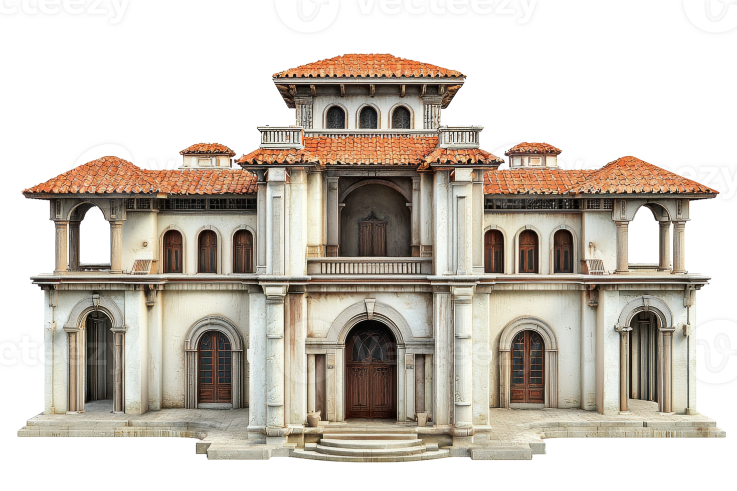 Historic mansion with intricate architectural details and red-tiled roofs, showcasing classic design elements and grandiose structure. png