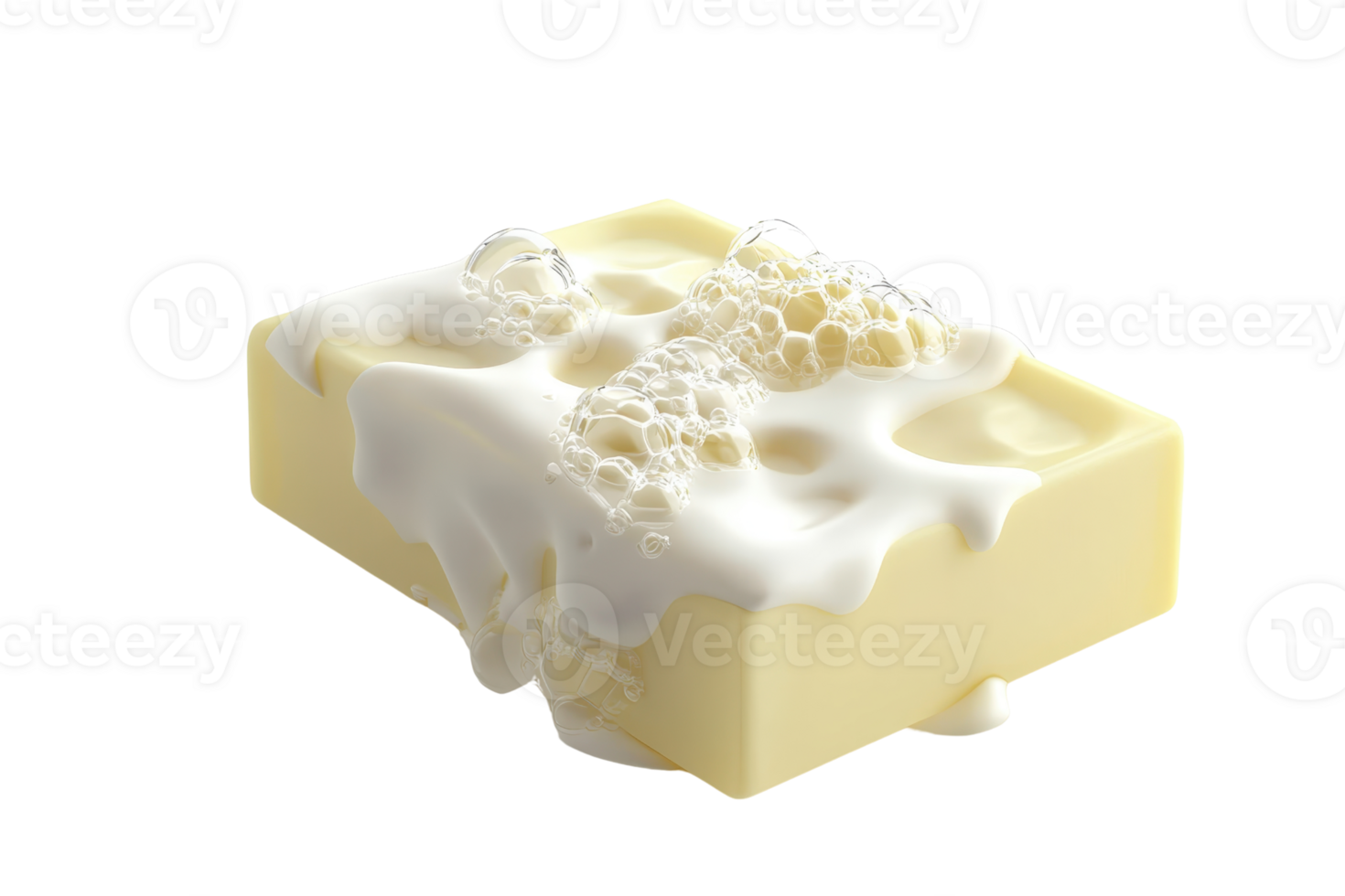 Melted soap bar with foamy bubbles on top, isolated on a transparent background. emphasizing cleanliness, hygiene, and bath time. png
