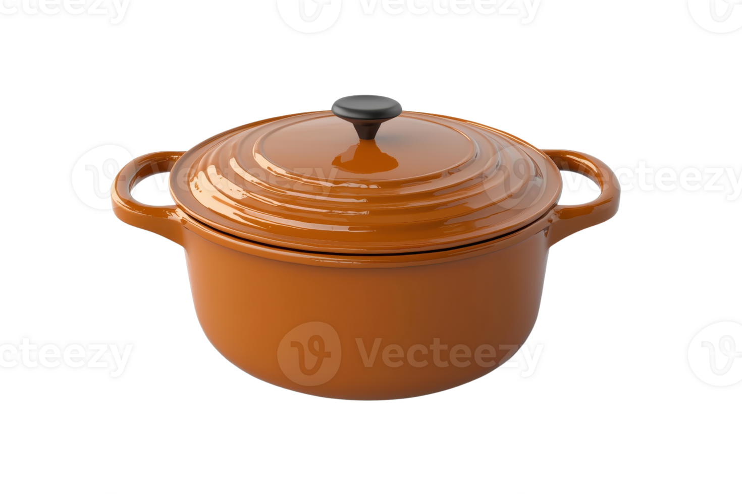 Orange enamel cast-iron Dutch oven with lid, featuring two handles, studio shot isolated on transparent background. png