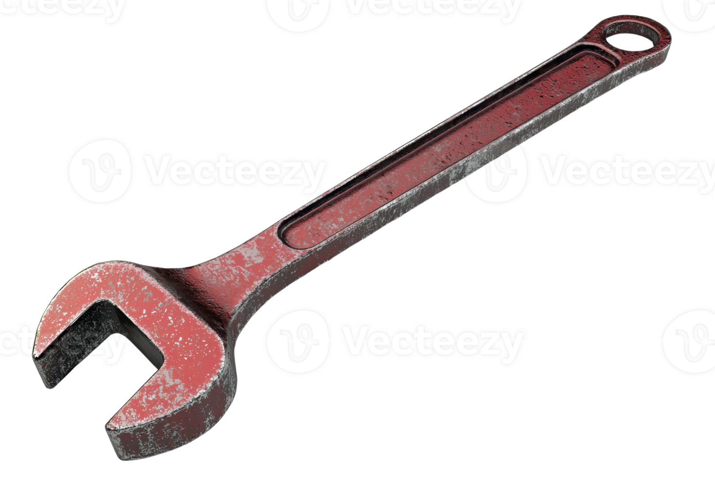Rustic red wrench lying on a transparent background. showcasing details of its worn surface, useful for tool or hardware-related materials. png