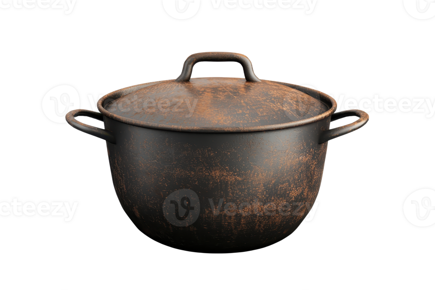 Rustic cast iron pot with lid, perfect for slow cooking and stews. Essential kitchen cookware for authentic, flavorful meals. png