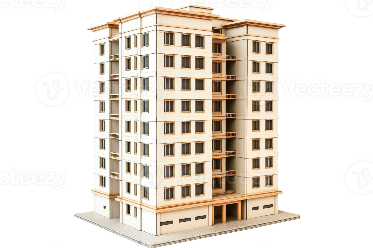 Modern high-rise apartment building with multiple floors and windows, isolated on transparent background. Ideal for urban architecture concepts. png