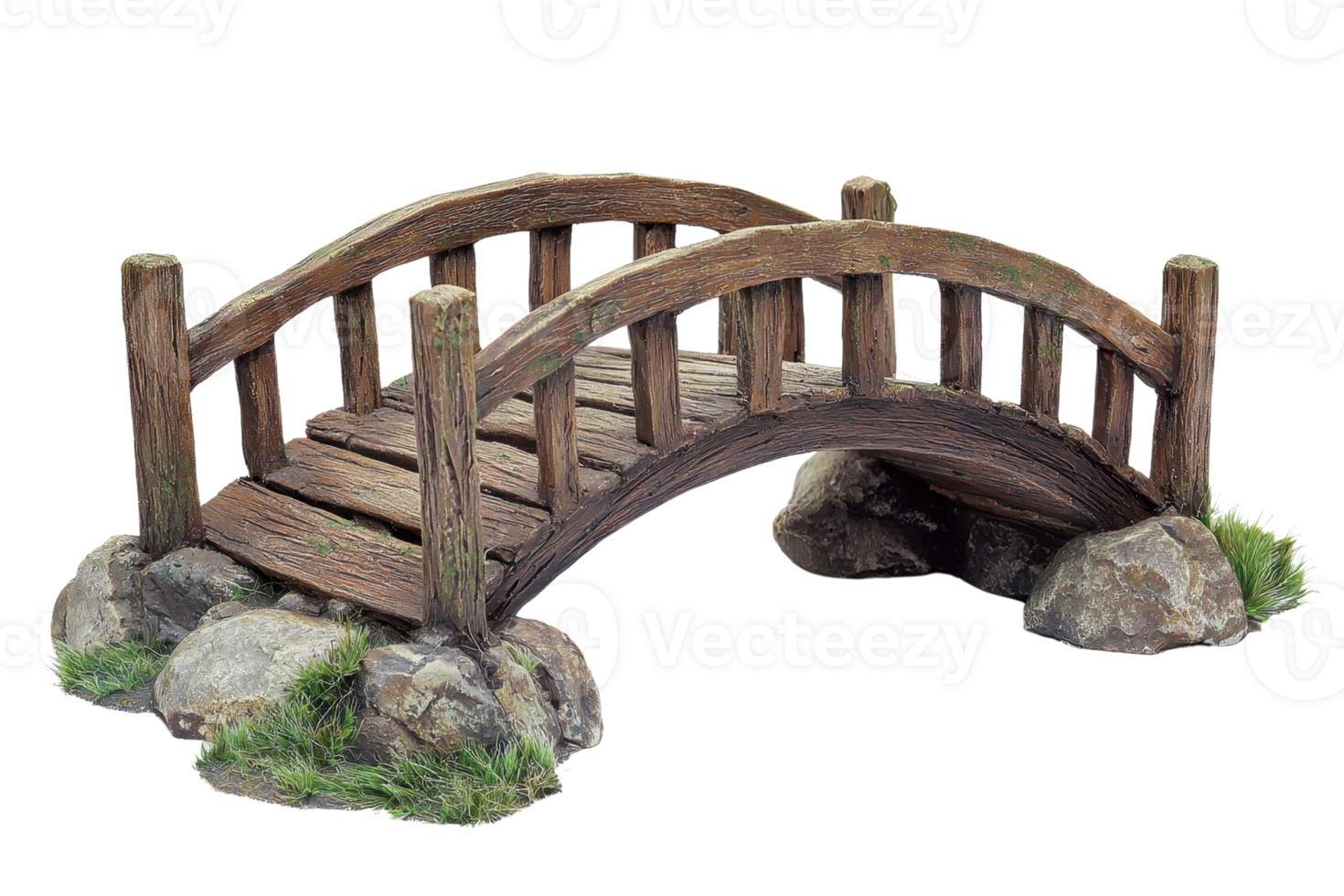 Rustic wooden bridge with natural stone supports, perfect for garden decoration or landscape design inspiration. png