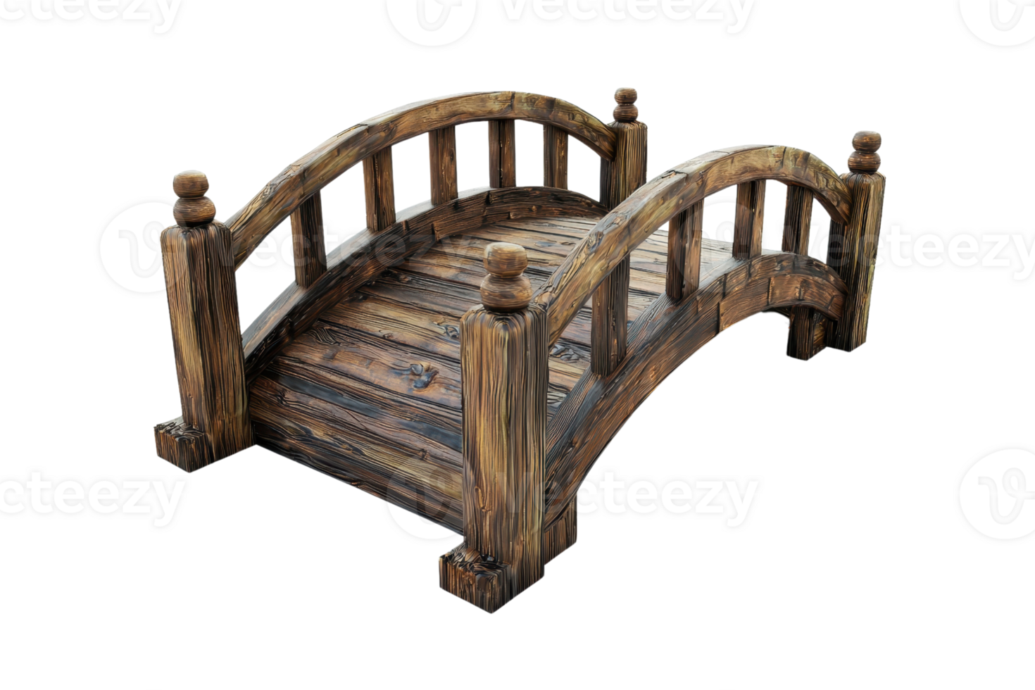 Rustic wooden bridge with curved design isolated on a transparent background. Ideal for garden, park, or outdoor space decor. png