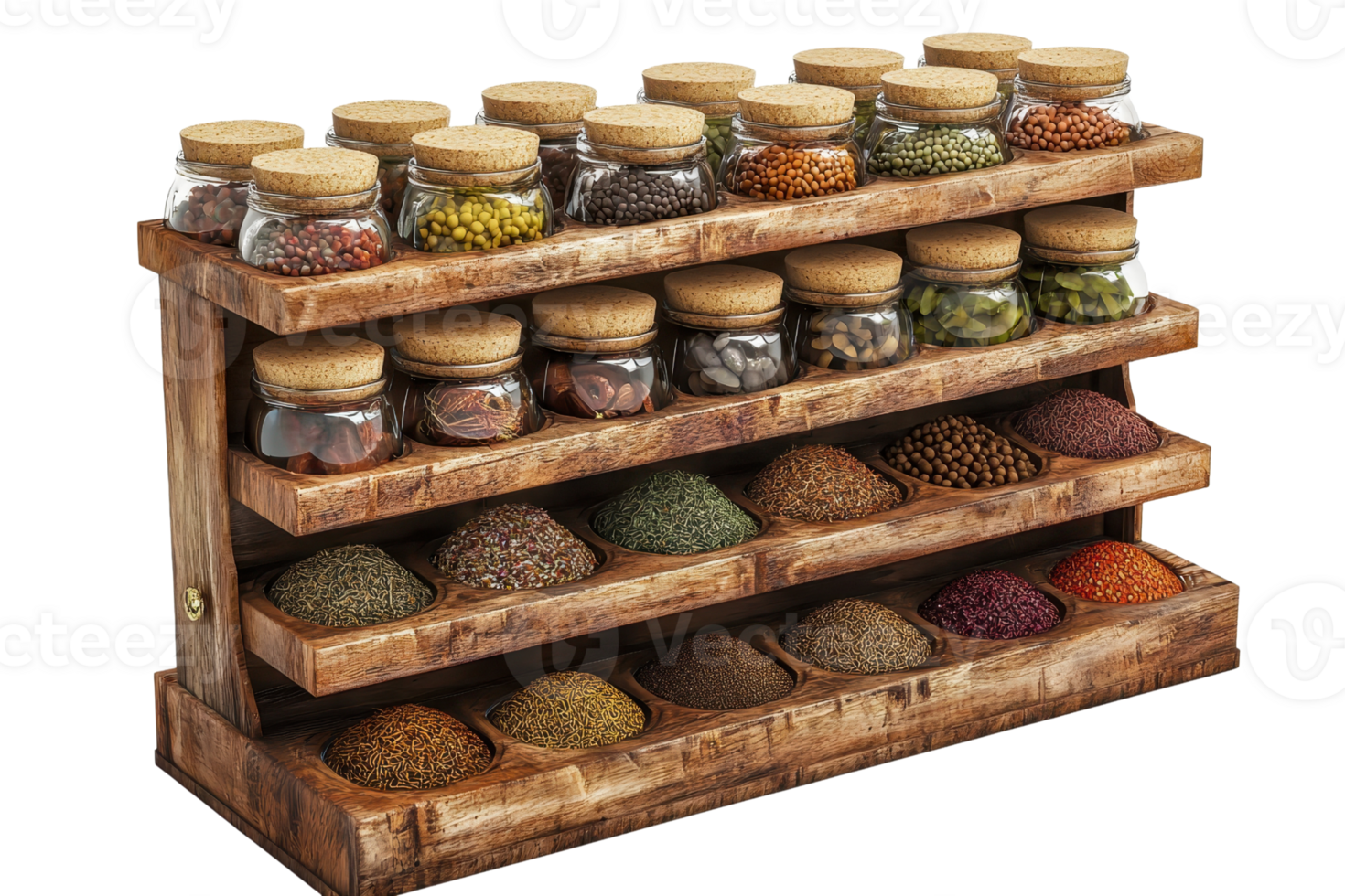 Rustic wooden spice rack with jars filled with various spices and herbs, perfect for kitchen organization and culinary use. png