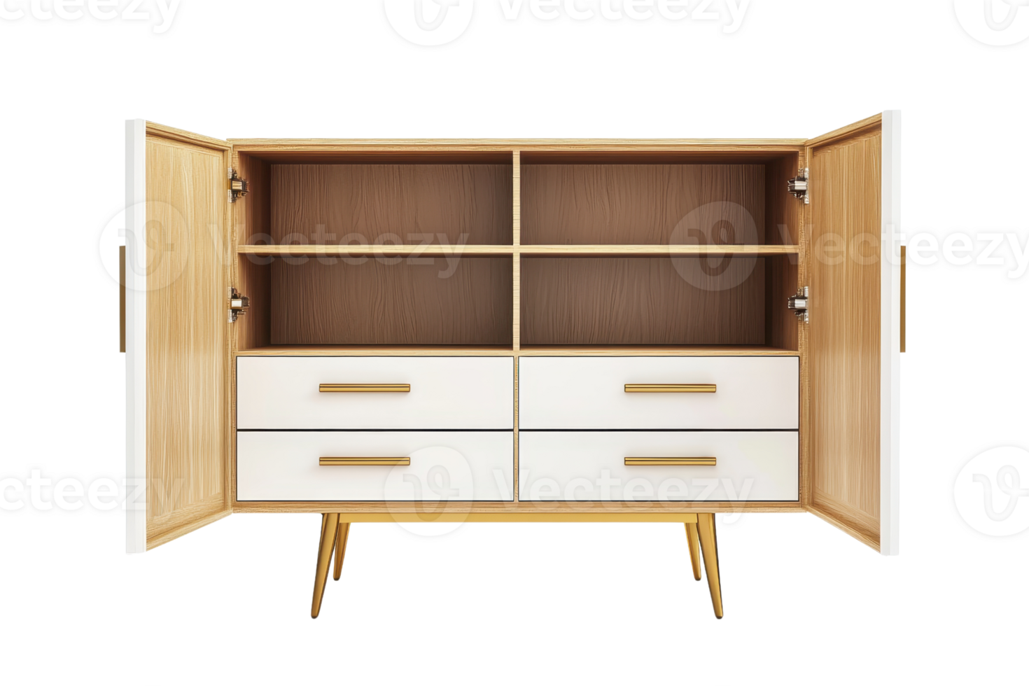 Modern wooden cabinet with open doors, showcasing spacious shelves and multiple drawers, ideal for stylish home storage and organization. png