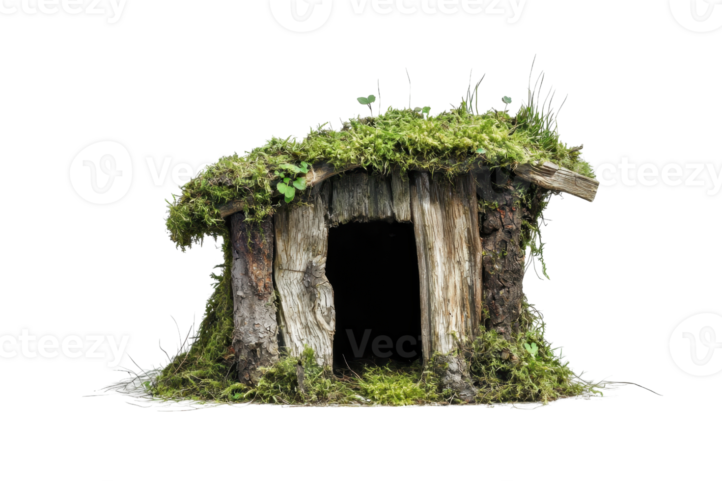 Rustic wooden hut covered with moss, resembling a miniature fairy house, isolated on a transparent background. png