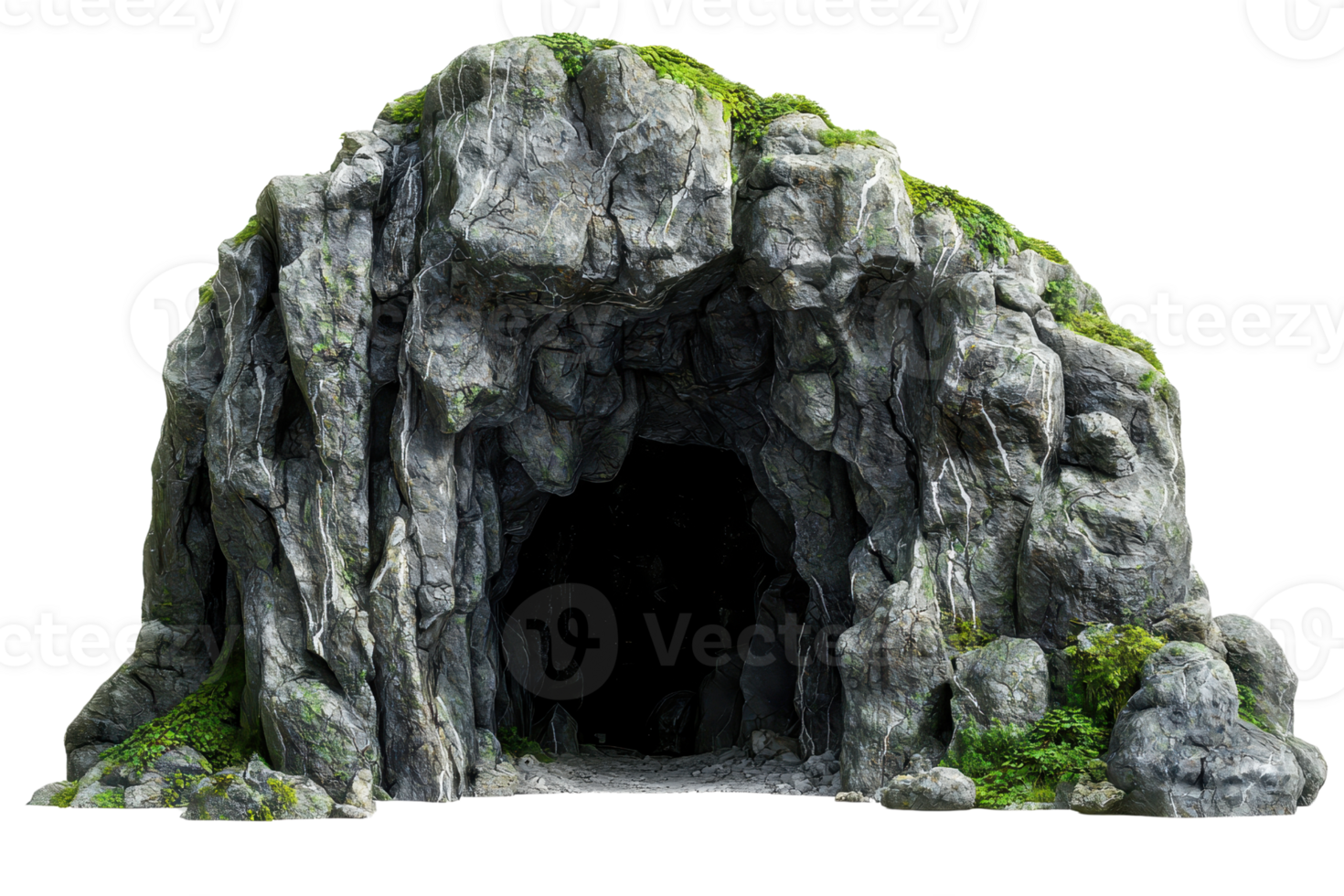 Rocky cave entrance covered in green moss, ideal for nature, adventure, and exploration themes. Perfect for illustrating mysterious caves. png