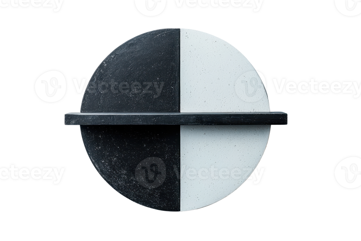 Minimalist black and white geometric circle sculpture with a horizontal divider, creating a striking contrast and balance in design. png