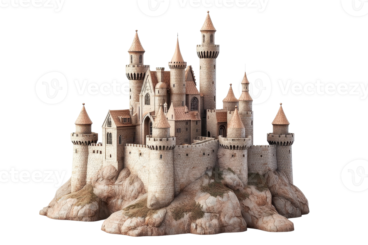 Majestic medieval castle perched on rocky hilltop, featuring turrets and stone walls. Perfect for fantasy and historical themes. png