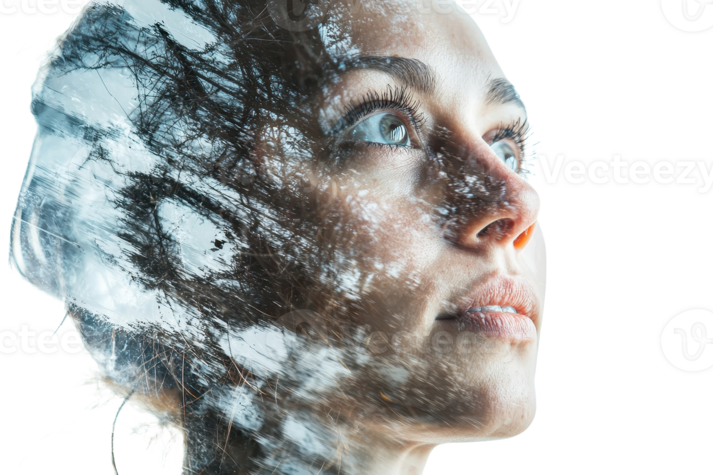 Portrait of a double exposure effect with woman's face and nature. Artistic blend highlighting human connection with environment. png