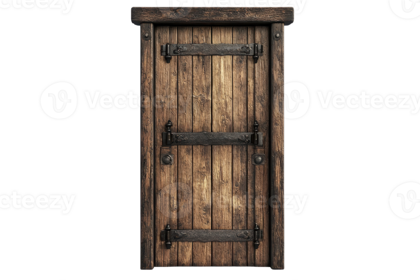 Rustic wooden door with metal hinges and handles, isolated on a transparent background. Perfect for architectural and design projects. png