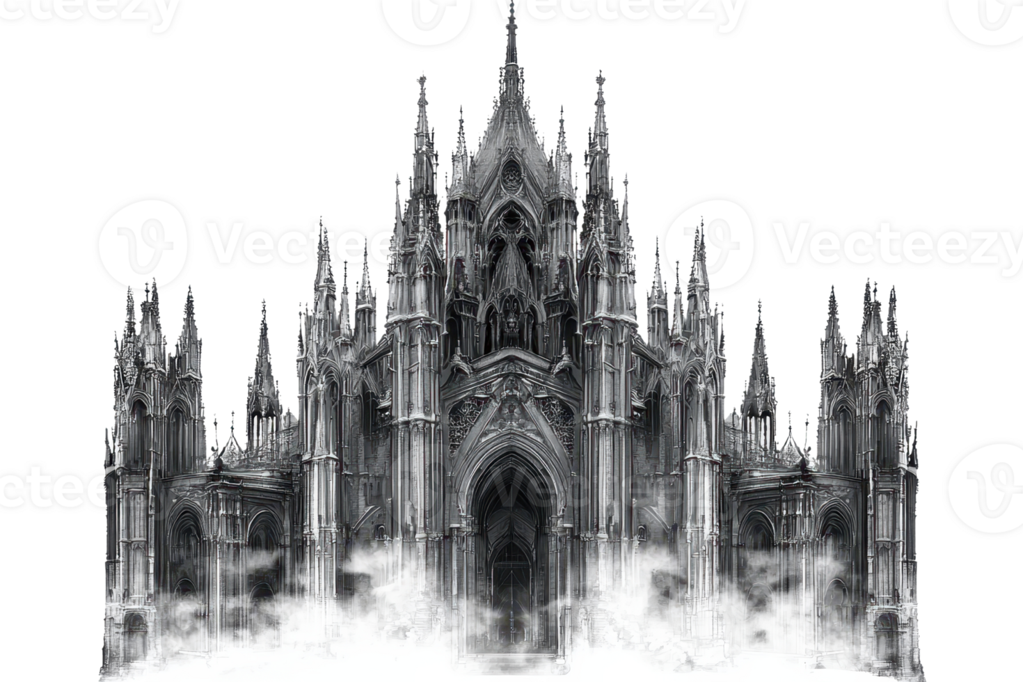Majestic gothic cathedral with intricate stone architecture, surrounded by mysterious mist, evoking a sense of awe and wonder. png