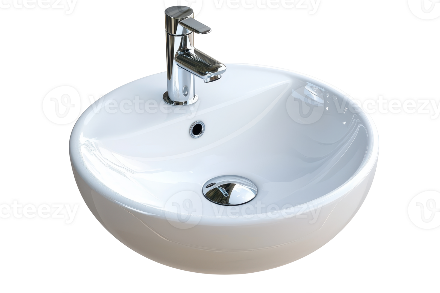 Modern white ceramic sink with a sleek chrome faucet, ideal for bathroom or kitchen, isolated on a transparent background. png